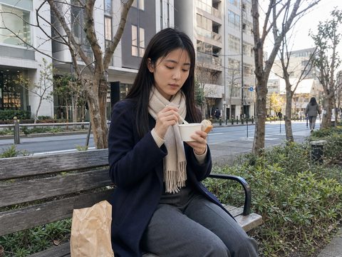 主角在青山長椅上吃熱湯和麵包