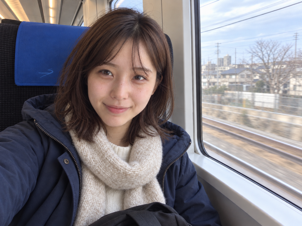 獨旅者坐在列車窗邊，望向鏡頭留下一張出發時的照片