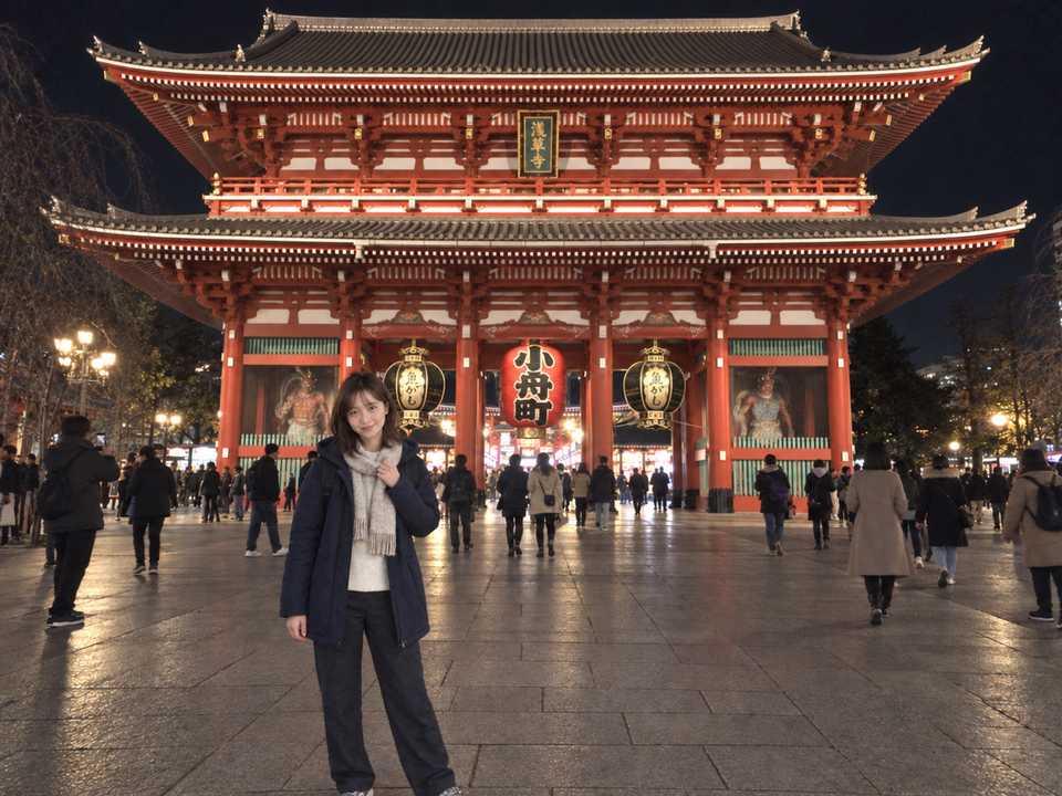 冬夜裡主角請路人在淺草寺寶藏門前代拍