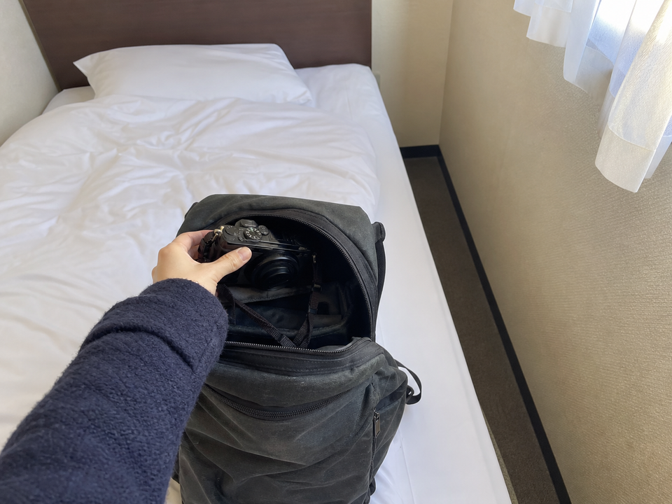 主角在淺草小旅館把相機放進日用背包